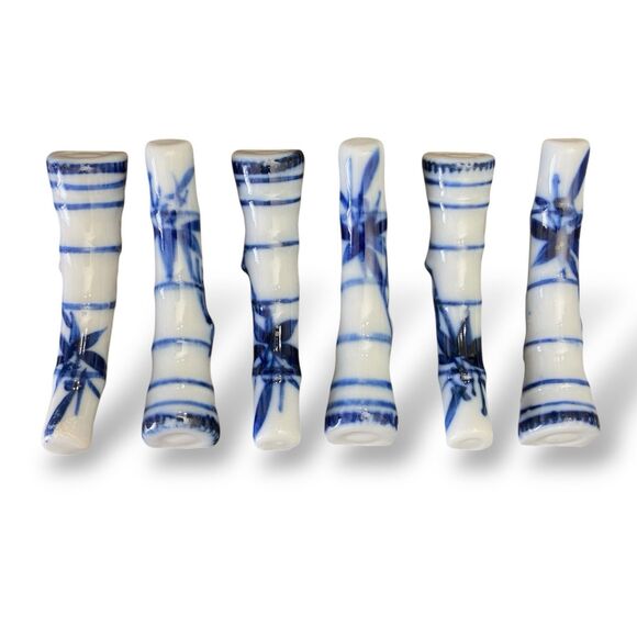 Japanese Blue & White Porcelain Ceramic Chopstick Rests Set of 6 Bamboo Pattern - Picture 1 of 5